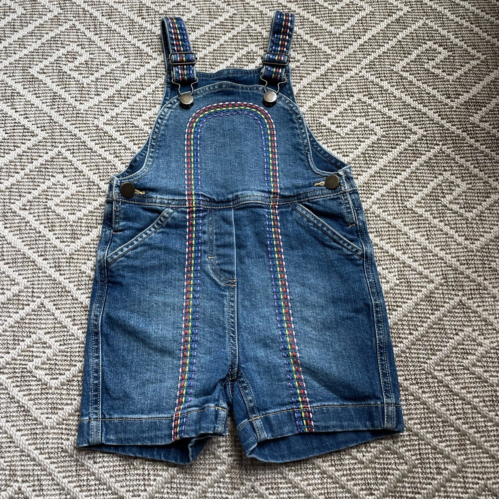 Hanna Andersson Kids Denim Overalls with Rainbow Stitching-5Y